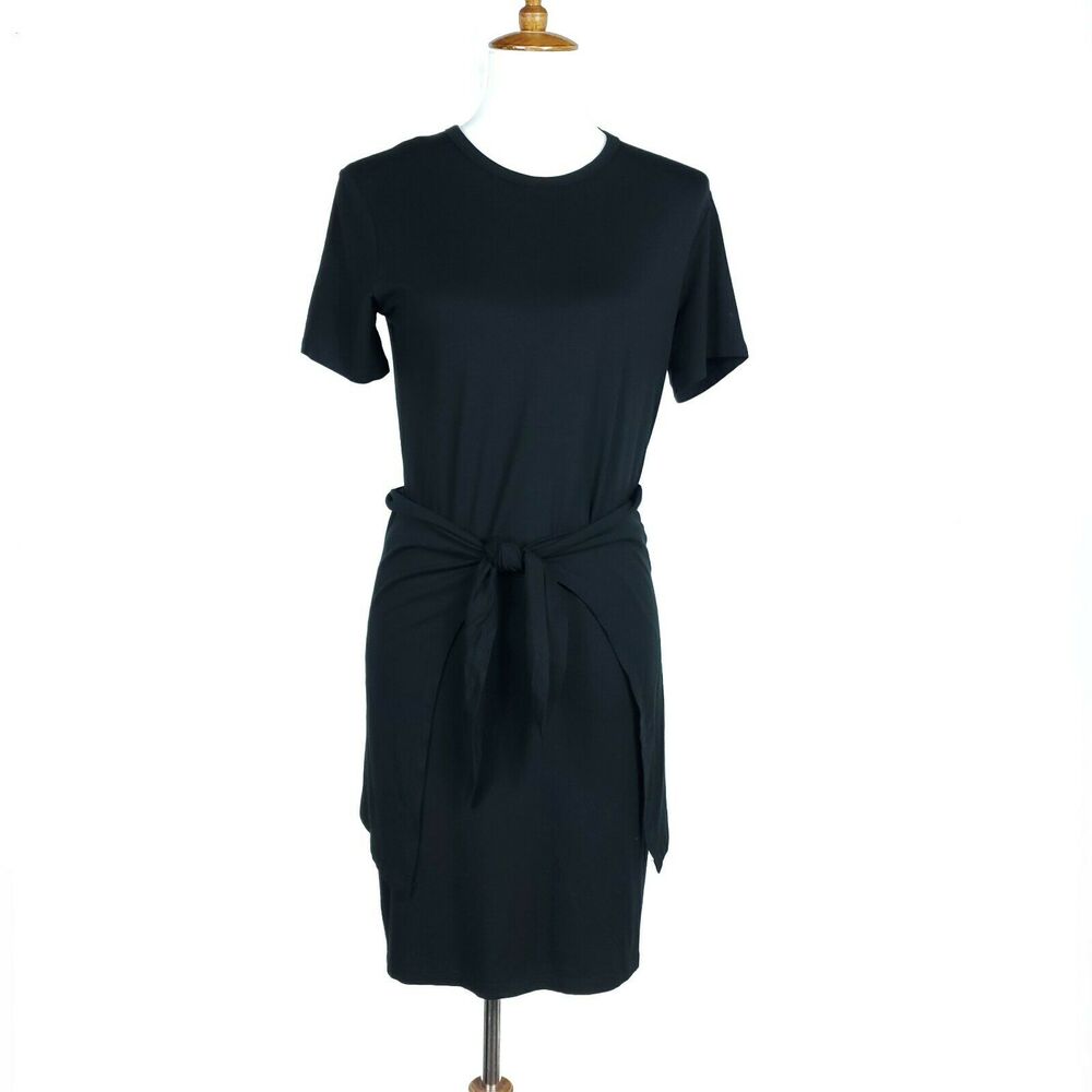 Aritzia Wilfred Free Bair Tie Wrap Dress Small Black Knit Short Sleeve Crew Mini